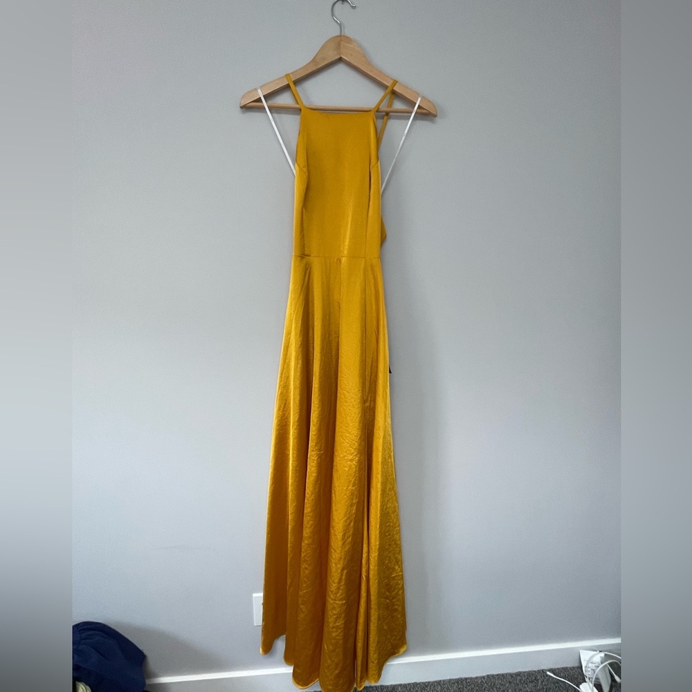 Total Beauty Golden Yellow Satin Backless Maxi Dress